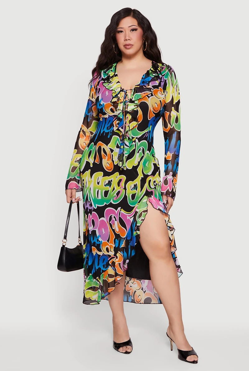 Plus Graffiti Ruffled Thigh Slit Maxi Dress