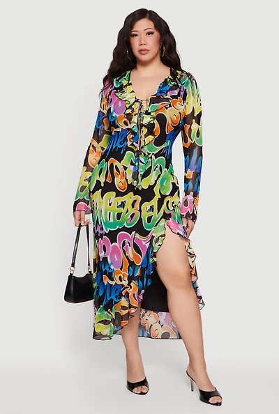 Plus Graffiti Ruffled Thigh Slit Maxi Dress