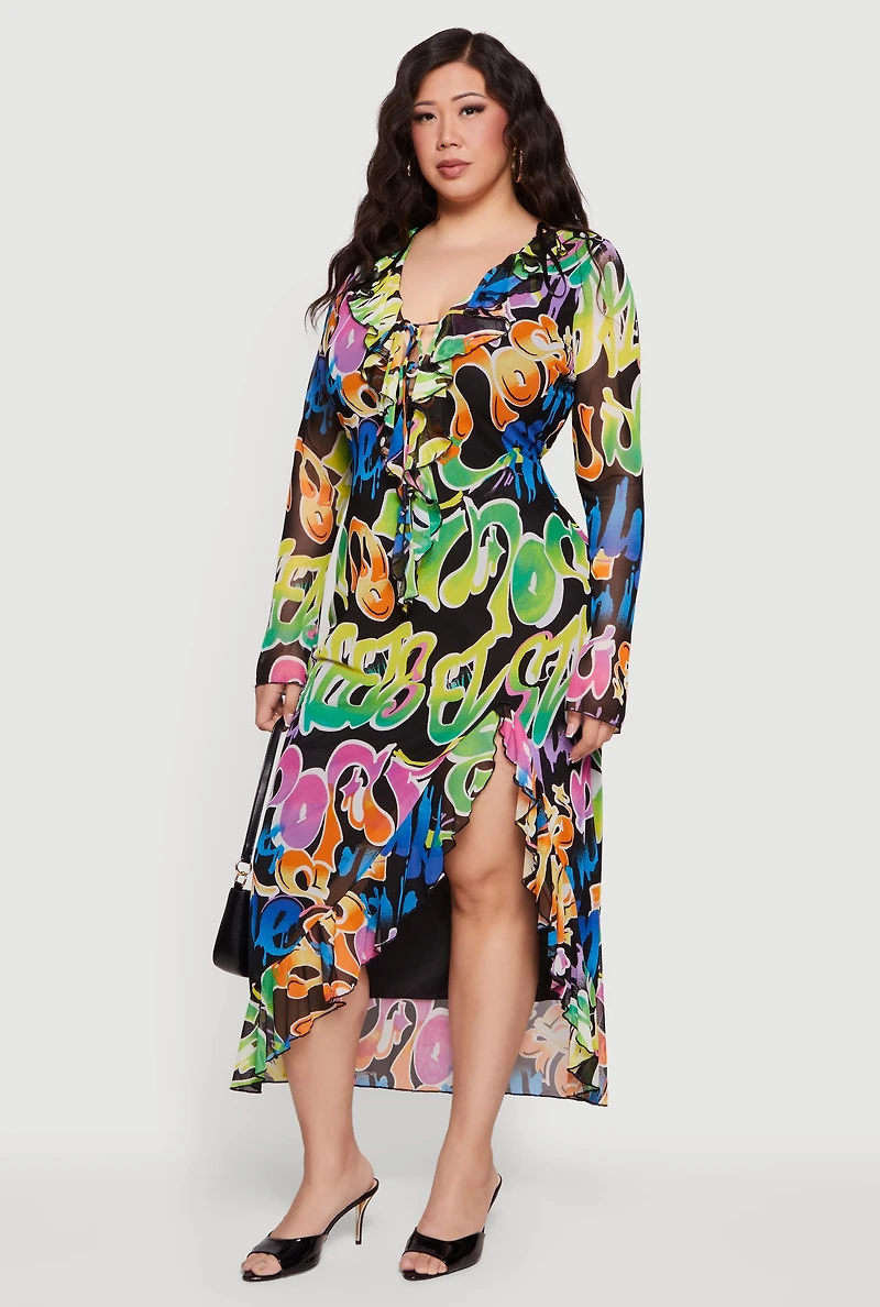 Plus Graffiti Ruffled Thigh Slit Maxi Dress