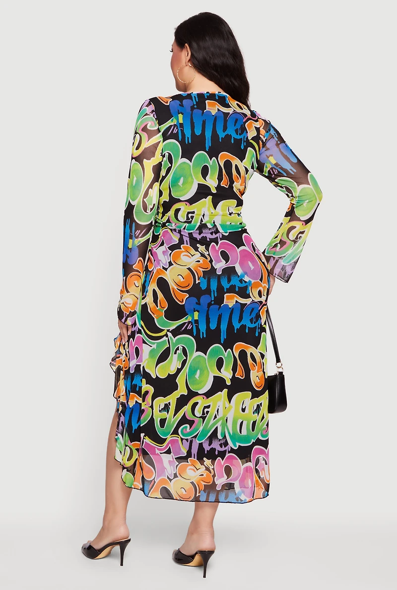 Plus Graffiti Ruffled Thigh Slit Maxi Dress