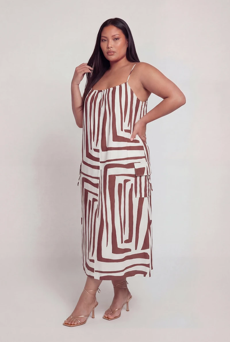 Plus Geometric Print Sleeveless Dress with Cargo Pockets