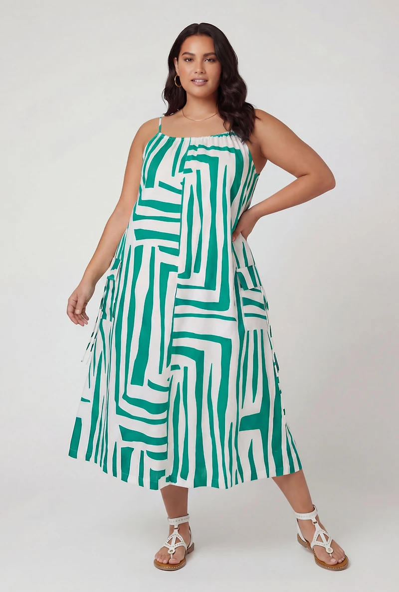 Plus Geometric Print Sleeveless Dress with Cargo Pockets