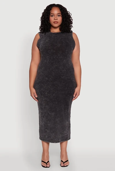 Womens Plus Size Daisy Mineral Wash Maxi Tank Dress, Black, Size 1X