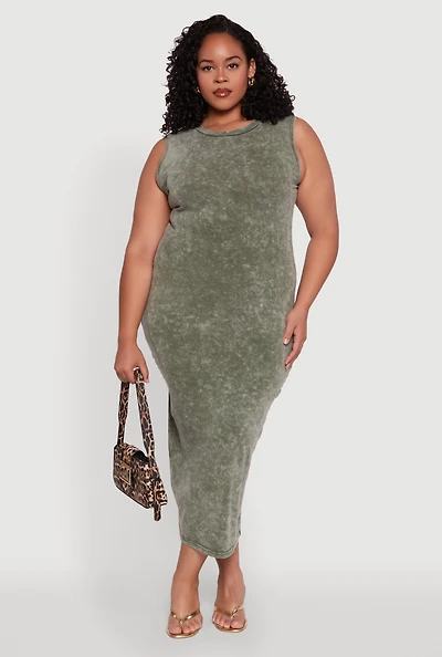 Womens Plus Size Daisy Mineral Wash Maxi Tank Dress, Green, Size 1X