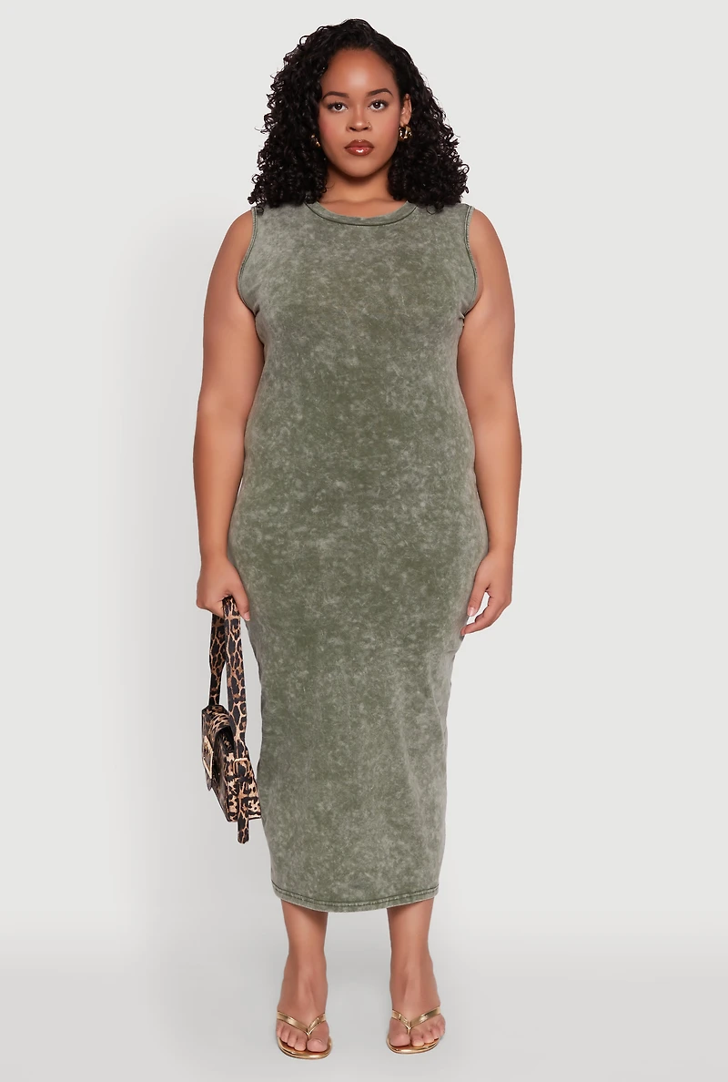 Womens Plus Size Daisy Mineral Wash Maxi Tank Dress, Green, Size 1X