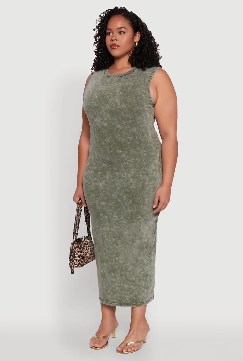 Womens Plus Size Daisy Mineral Wash Maxi Tank Dress, Green, Size 2X