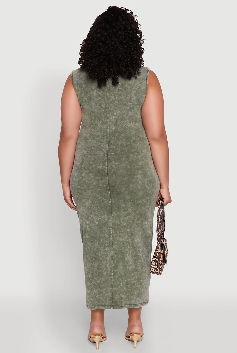 Womens Plus Size Daisy Mineral Wash Maxi Tank Dress, Green, Size 1X