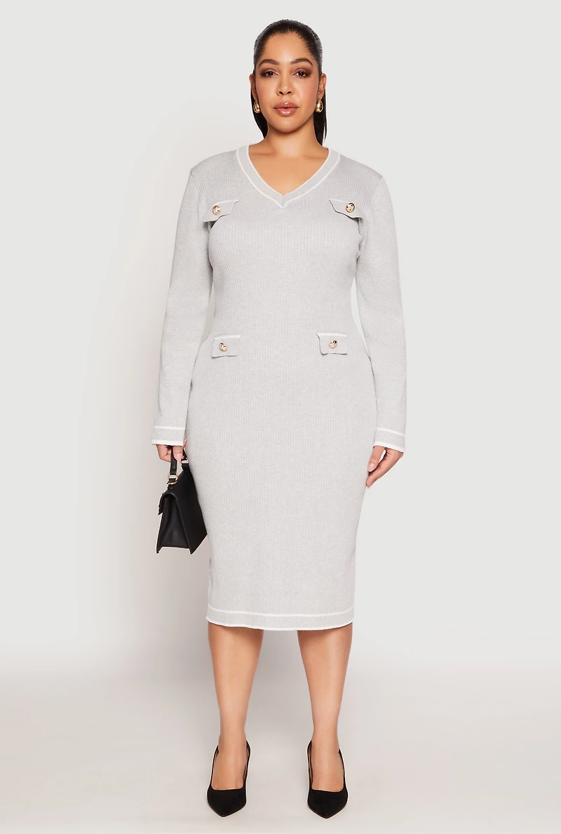 Womens Plus Size Daisy Contrast Trim Sweater Dress, Grey, Size 1X