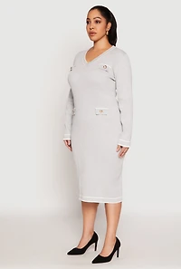 Womens Plus Size Daisy Contrast Trim Sweater Dress, Grey, Size 1X
