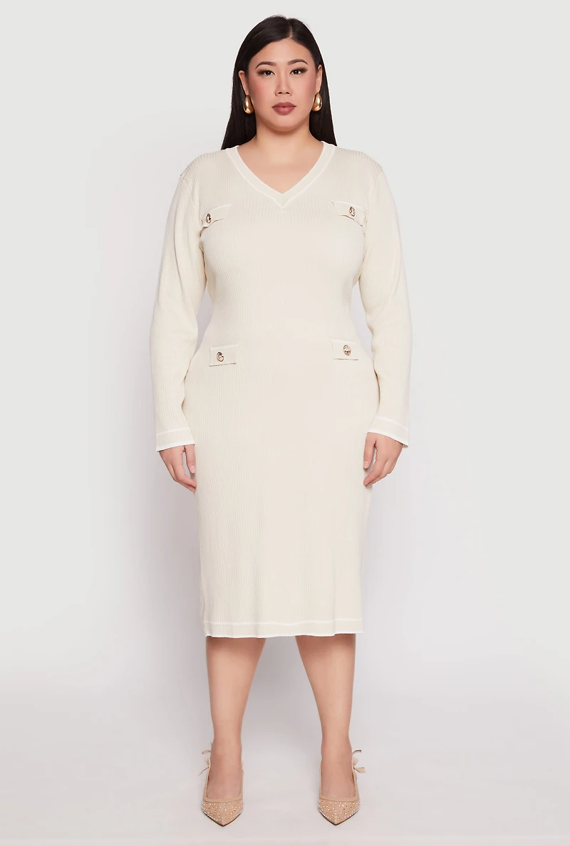 Womens Plus Size Daisy Contrast Trim Sweater Dress, Beige, Size 2X