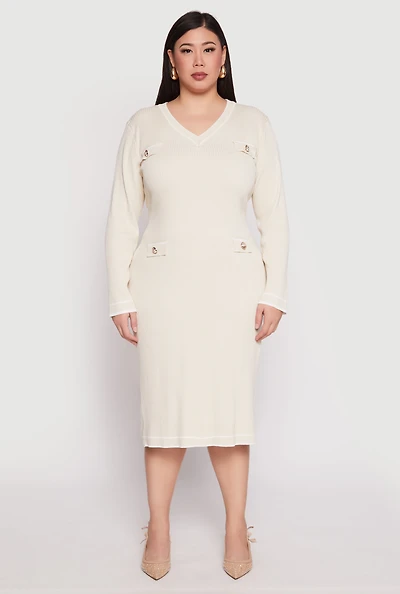 Womens Plus Size Daisy Contrast Trim Sweater Dress, Beige, Size 1X