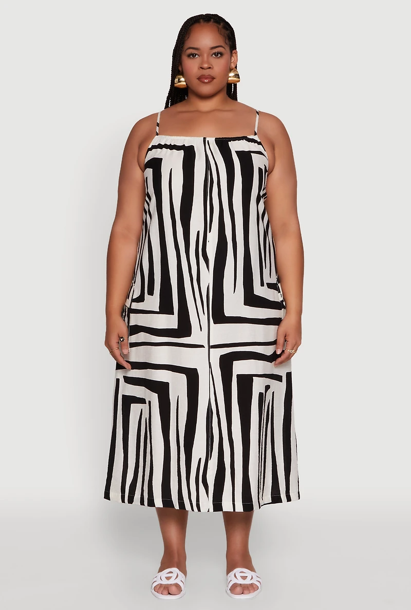 Womens Plus Zebra Print Square Neck Cami Dress with Cargo Pockets, Multi,