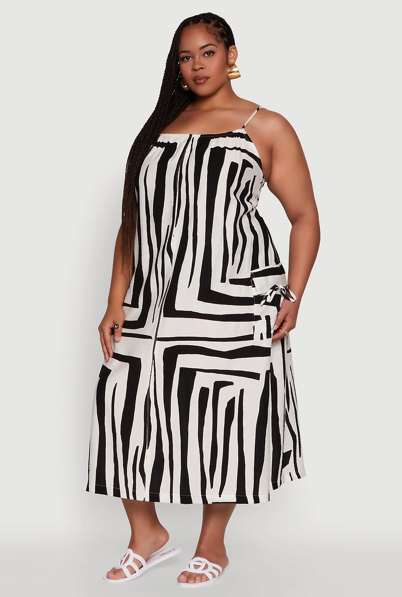 Womens Plus Zebra Print Square Neck Cami Dress with Cargo Pockets, Multi,