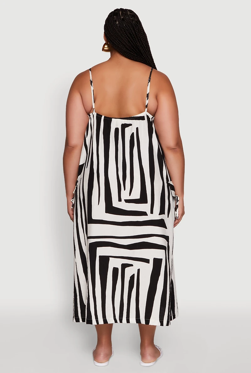 Womens Plus Size Zebra Print Square Neck Cami Dress with Cargo Pockets, Multi, Size 3X