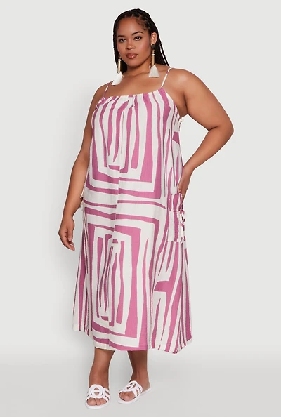Womens Plus Size Zebra Print Square Neck Cami Dress with Cargo Pockets, Multi, Size 3X