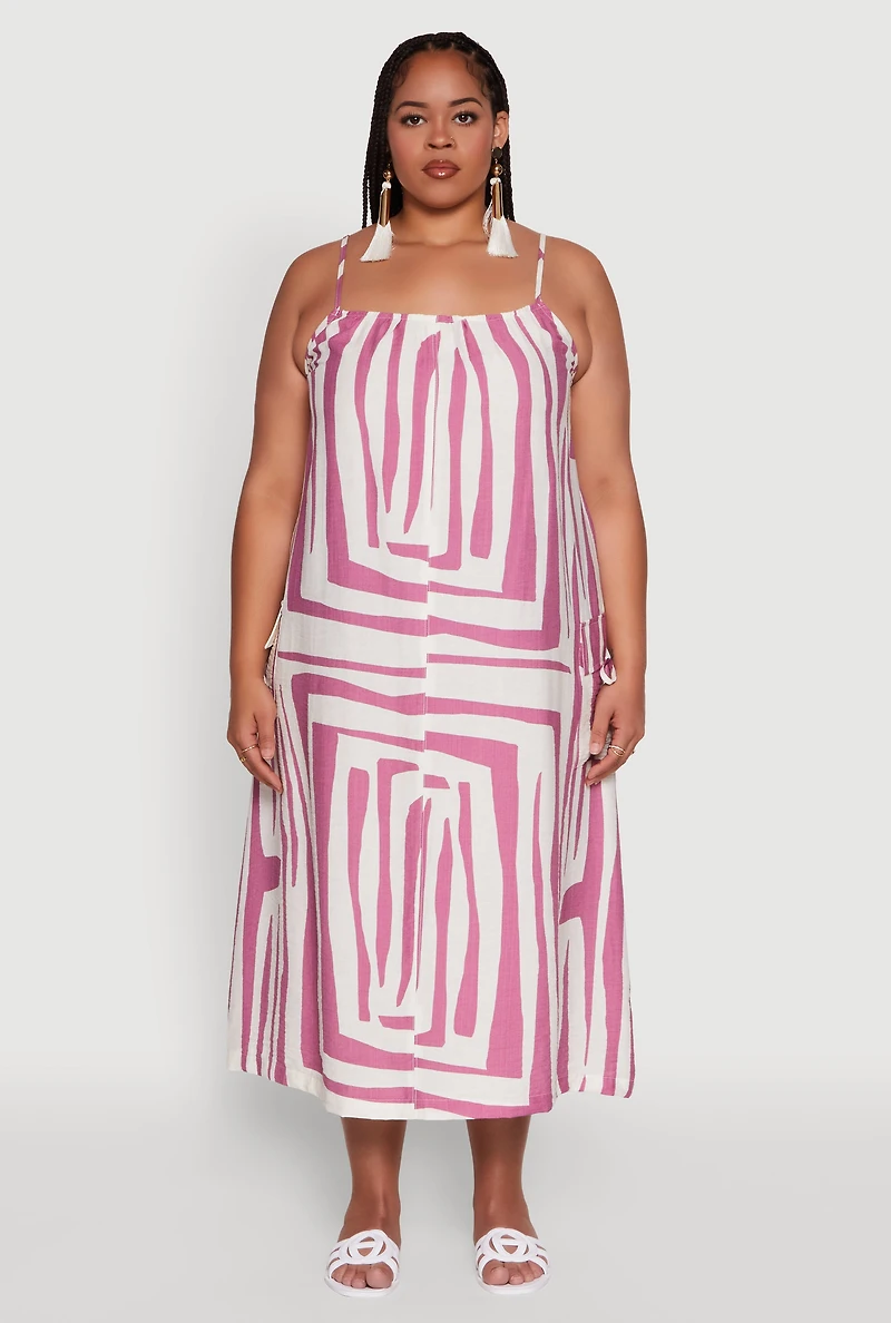 Womens Plus Zebra Print Square Neck Cami Dress with Cargo Pockets, Multi,