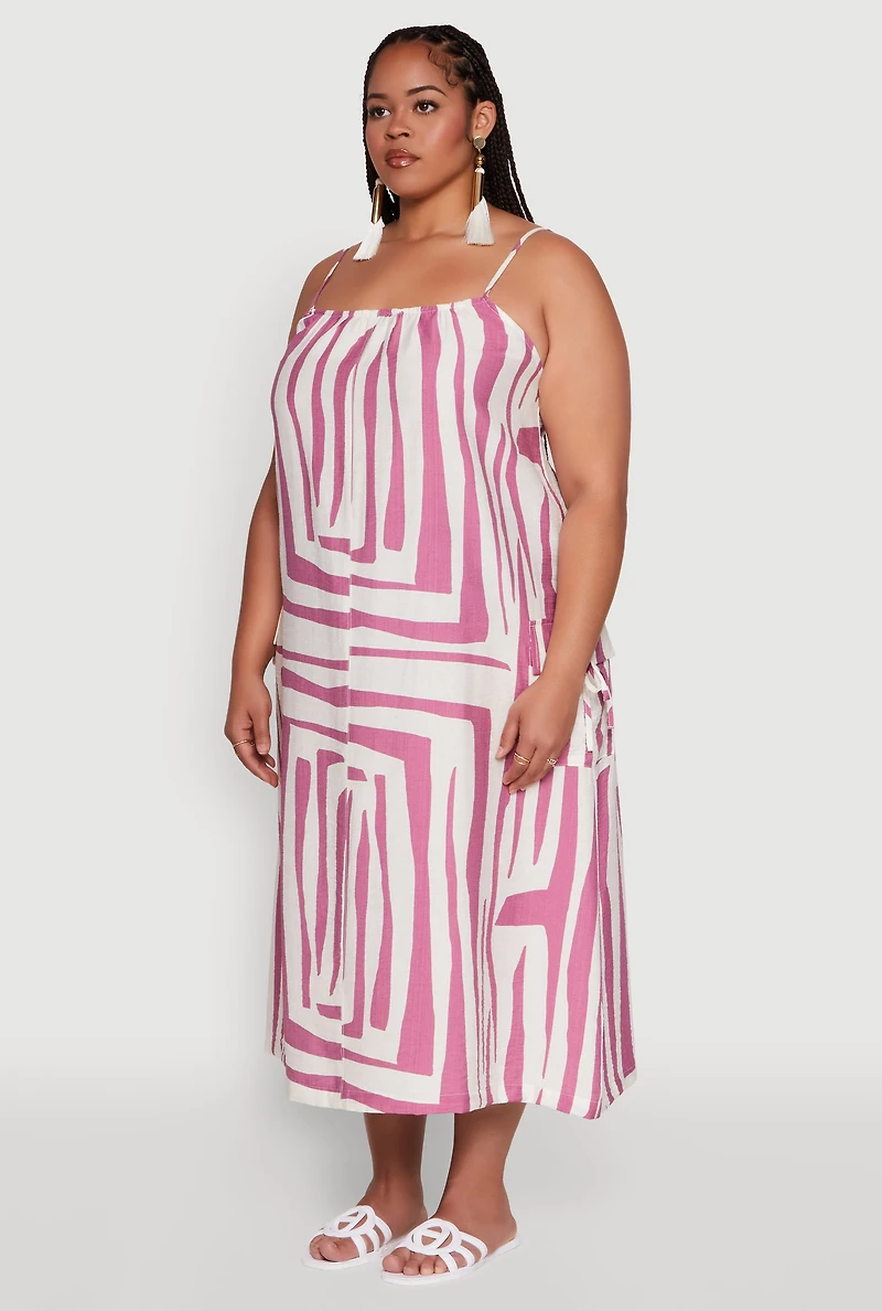 Womens Plus Zebra Print Square Neck Cami Dress with Cargo Pockets, Multi,
