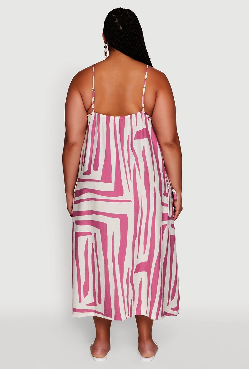 Womens Plus Zebra Print Square Neck Cami Dress with Cargo Pockets, Multi,