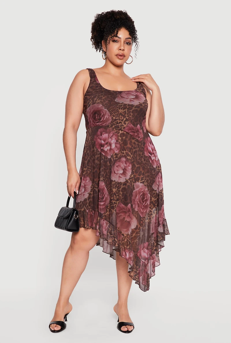 Plus Floral Leopard Print Mesh Asymmetrical Ruffle Hem Dress