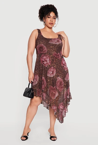 Plus Floral Leopard Print Mesh Asymmetrical Ruffle Hem Dress
