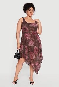 Plus Floral Leopard Print Mesh Asymmetrical Ruffle Hem Dress