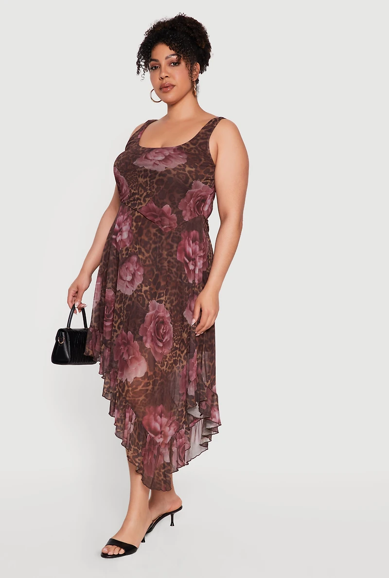 Plus Floral Leopard Print Mesh Asymmetrical Ruffle Hem Dress