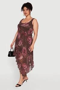 Plus Floral Leopard Print Mesh Asymmetrical Ruffle Hem Dress