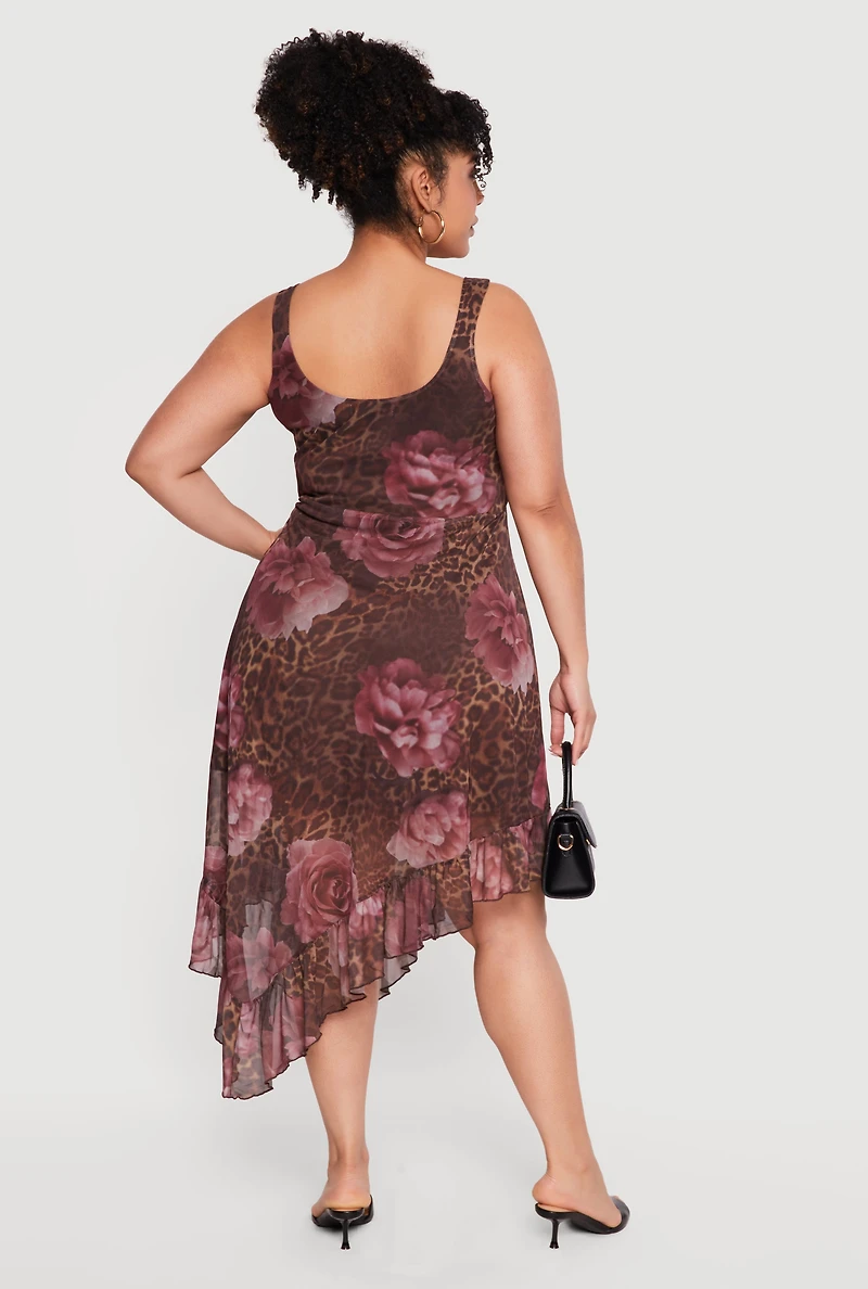 Plus Floral Leopard Print Mesh Asymmetrical Ruffle Hem Dress