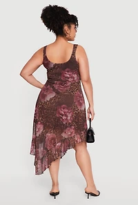 Plus Floral Leopard Print Mesh Asymmetrical Ruffle Hem Dress