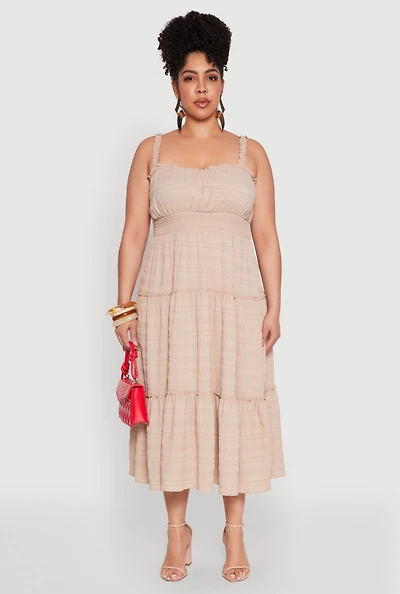 Womens Plus Size Almost Famous Smocked Tiered Dress, Beige, Size 2X