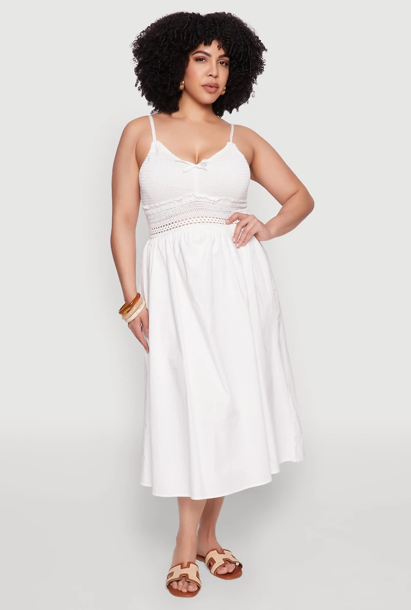 Womens Plus Size Almost Famous Crochet Empire Waist Midi Dress, White, Size 1X