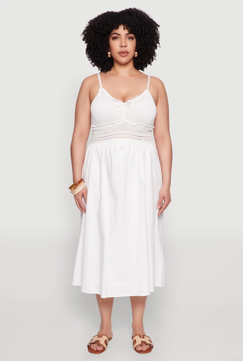 Womens Plus Size Almost Famous Crochet Empire Waist Midi Dress, White, Size 2X