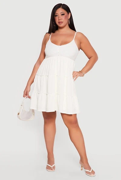 Plus Crochet Detail Sleeveless Tiered Mini Dress