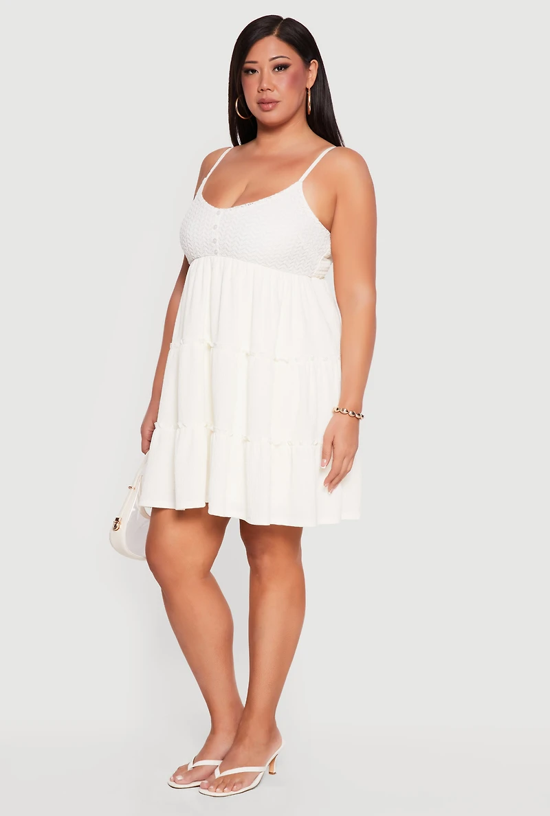 Plus Crochet Detail Sleeveless Tiered Mini Dress