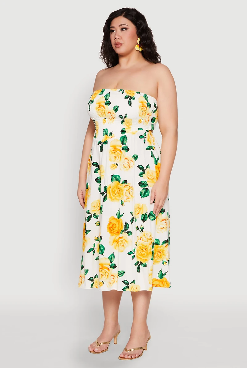 Plus Almost Famous Floral Print Smocked Midi Dress