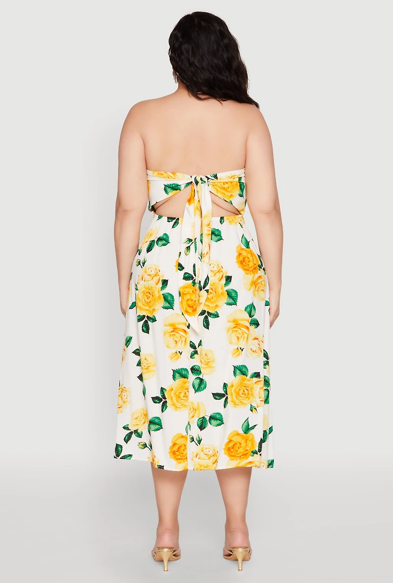 Plus Almost Famous Floral Print Smocked Midi Dress