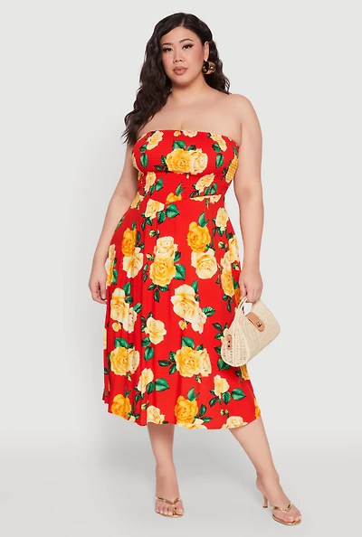 Womens Plus Size Almost Famous Floral Print Smocked Midi Dress, Red, Size 1X