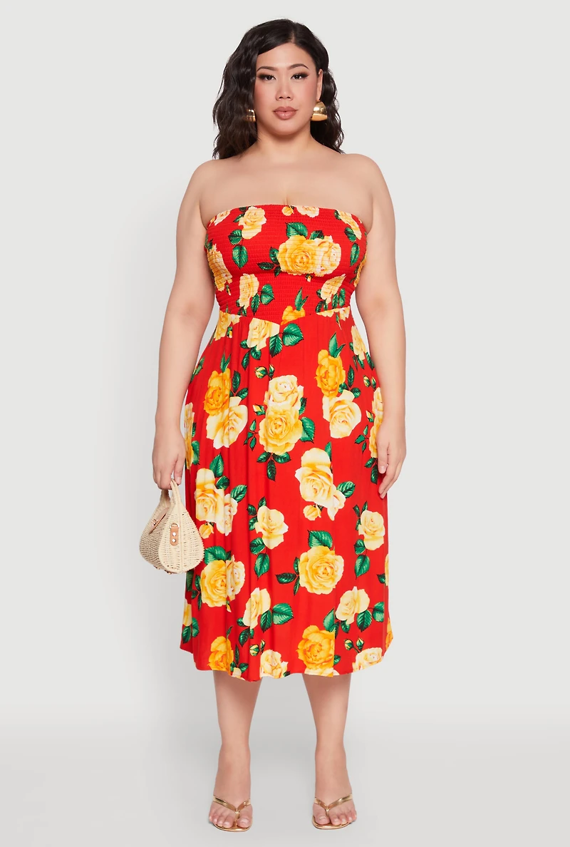 Womens Plus Almost Famous Floral Print Smocked Midi Dress, Red,