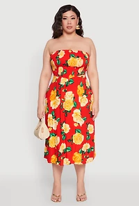 Womens Plus Size Almost Famous Floral Print Smocked Midi Dress, Red, Size 1X