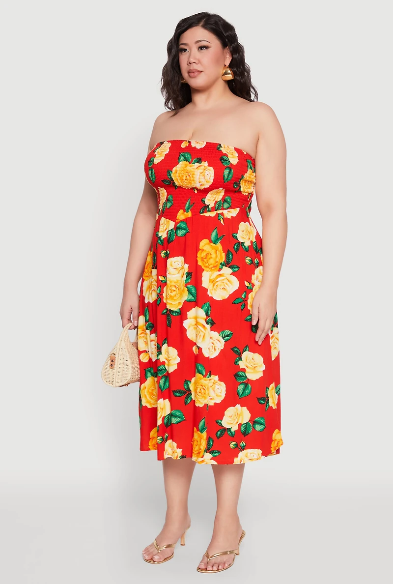 Womens Plus Size Almost Famous Floral Print Smocked Midi Dress, Red, Size 1X