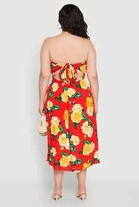 Womens Plus Size Almost Famous Floral Print Smocked Midi Dress, Red, Size 1X