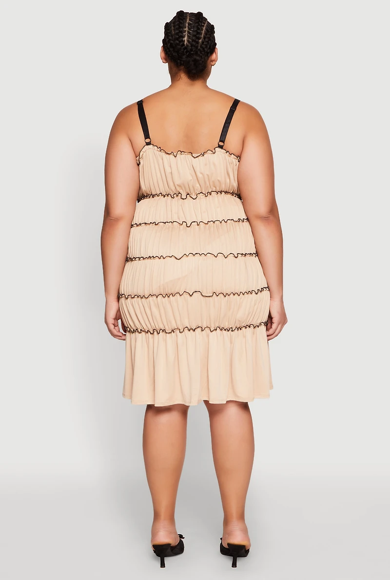 Womens Plus Size Almost Famous Bow Contrast Tiered Dress, Beige, Size 2X