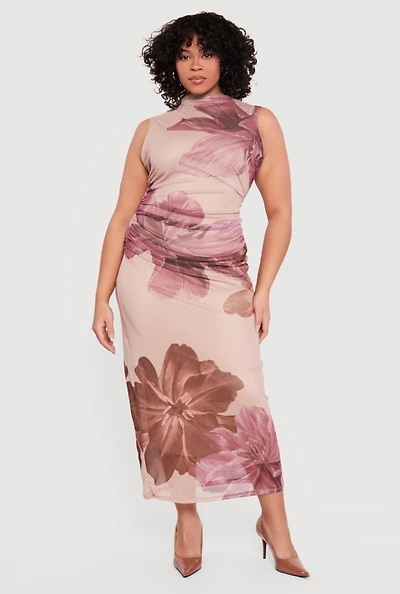 Plus Floral Mesh Overlay Side Ruched Maxi Dress