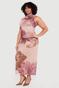 Plus Floral Mesh Overlay Side Ruched Maxi Dress