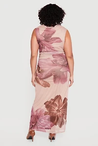 Plus Floral Mesh Overlay Side Ruched Maxi Dress