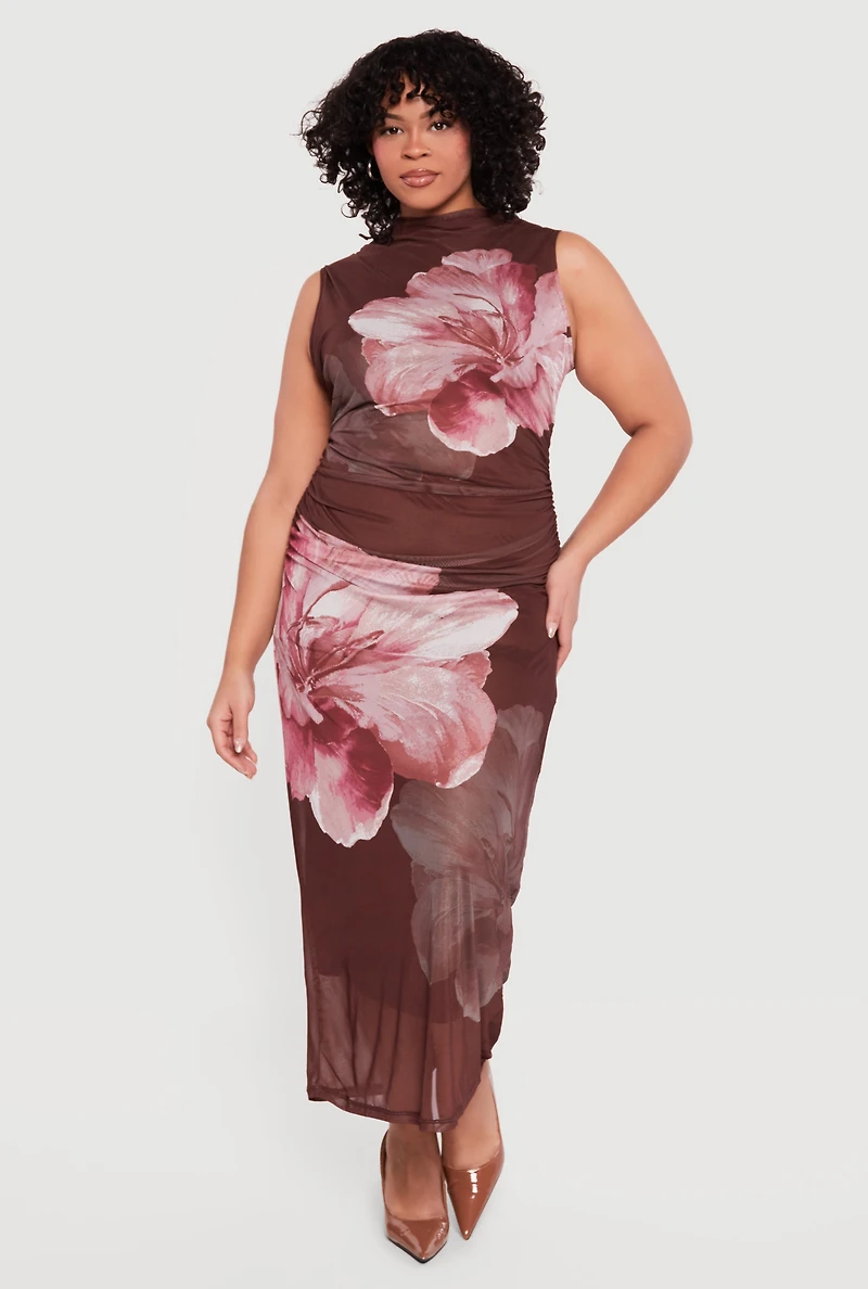 Plus Floral Mesh Overlay Side Ruched Maxi Dress