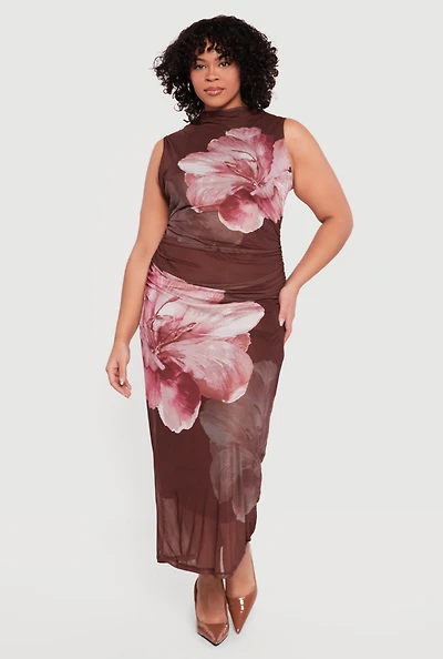 Plus Floral Mesh Overlay Side Ruched Maxi Dress