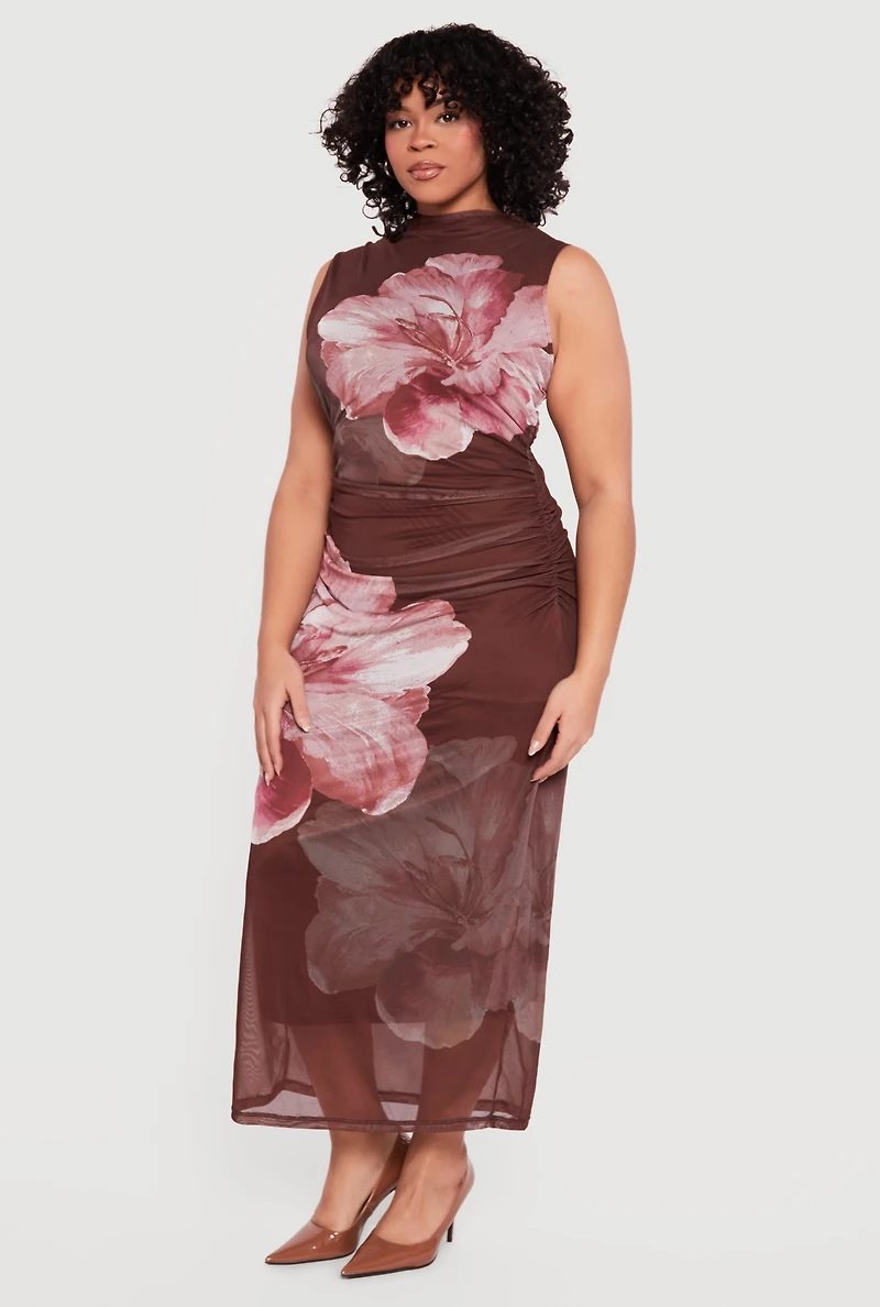 Plus Floral Mesh Overlay Side Ruched Maxi Dress