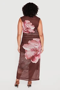 Plus Floral Mesh Overlay Side Ruched Maxi Dress