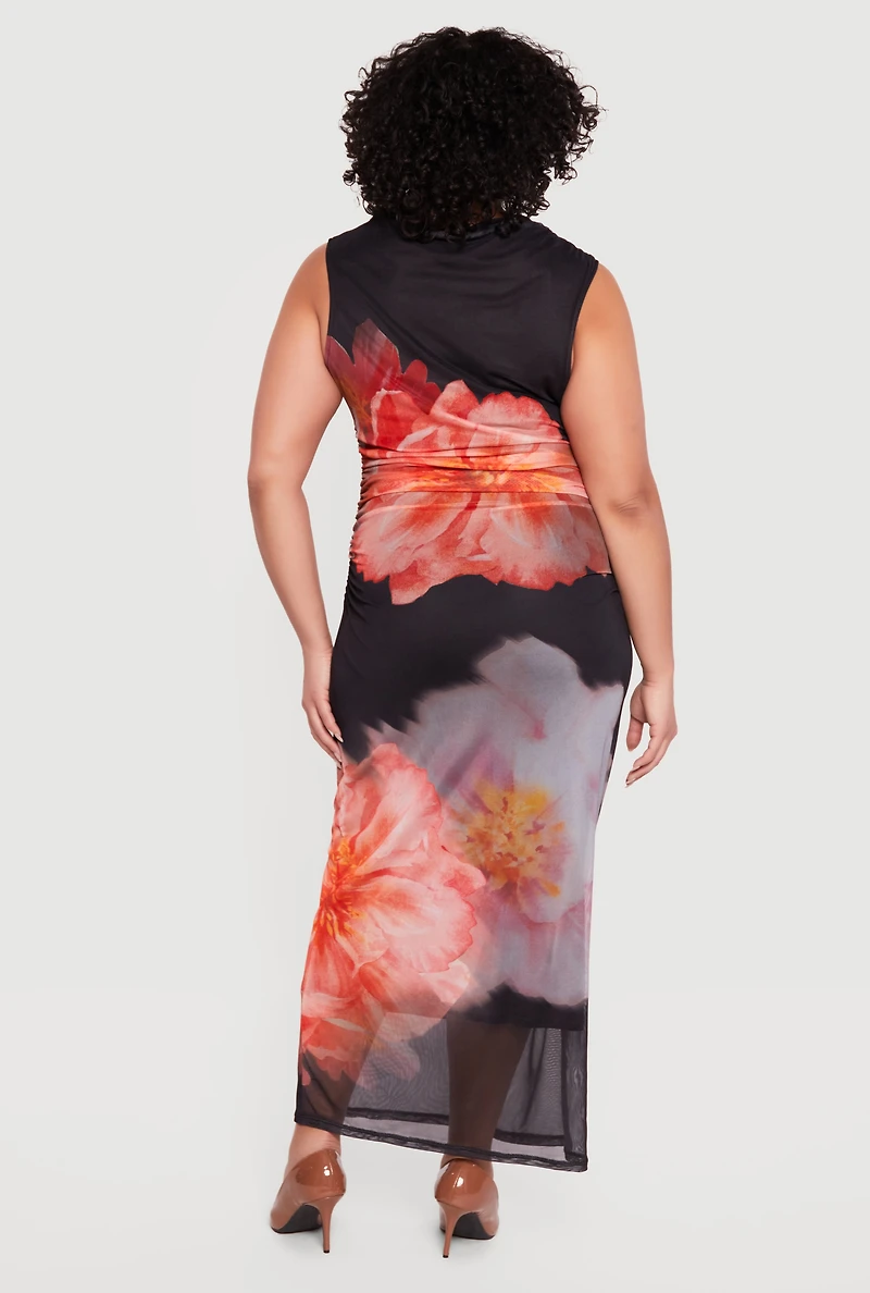 Plus Almost Famous Sleeveless Ruched Floral Maxi Dress